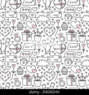 Süßes nahtloses Muster für den Valentinstag mit Champagner, Ringen, Herzen, Wolken, Buchstaben, Kaffee, Cupcakes. Handgezeichnete Vektorgrafik. Perfekt für Weihnachtsdesigns, Druck, Dekor, Verpackung Stock Vektor