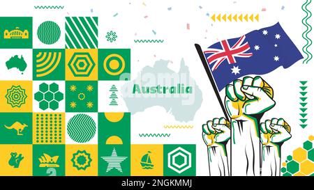 „Australia Day“-Banner-Design für den 26. Januar 2023. Abstraktes geometrisches Banner für den Nationalfeiertag Australiens in Gelb und Grün. Stock Vektor