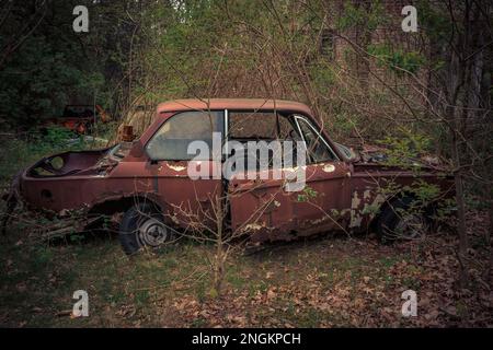 Verlassene und ausgeraubte alte Autos, die unter freiem Himmel standen. Autos gibt es nicht mehr Stockfoto