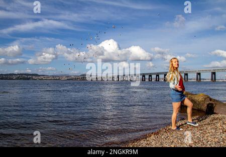 An einem wunderschönen Oktobertag in Wormit Beach, Fife, wirft Rhianna Martin Kiesel über ihren Kopf in den Fluss Tay, Schottland Stockfoto