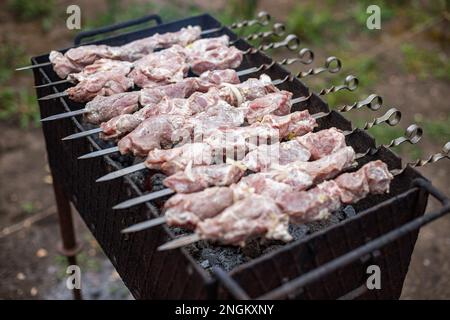 Schweinesch-Kebab wird auf Spießen auf einem hausgemachten Grill gebraten. Geringe Schärfentiefe Stockfoto