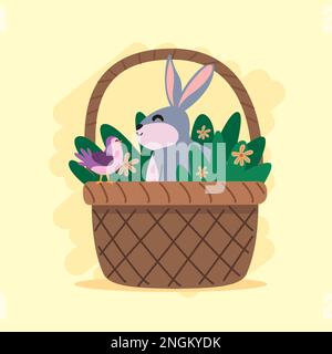 Kaninchen und Vogel im Frühlingskorb Stock Vektor