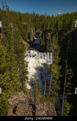 Kepler Cascades ist ein Ausflugsziel im Yellowstone-Nationalpark in der Nähe des Highway 287, wo der Firehole River durch mehrere Abfahrten über Fores fließt Stockfoto