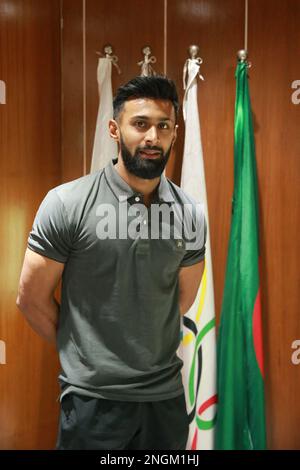 Englischer Sprinter Imranur Rahman bei BOA, Dhaka, Bangladesch. Der 29-jährige Sprinter schrieb Geschichte, indem er der erste Bangladesch wurde, der eine g gewann Stockfoto