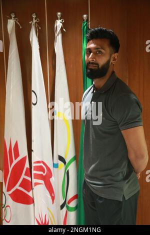 Englischer Sprinter Imranur Rahman bei BOA, Dhaka, Bangladesch. Der 29-jährige Sprinter schrieb Geschichte, indem er der erste Bangladesch wurde, der eine g gewann Stockfoto