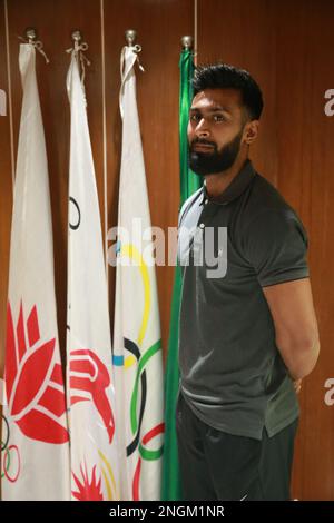 Englischer Sprinter Imranur Rahman bei BOA, Dhaka, Bangladesch. Der 29-jährige Sprinter schrieb Geschichte, indem er der erste Bangladesch wurde, der eine g gewann Stockfoto