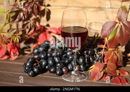 Glas Rotwein auf Holzhintergrund mit Herbstblättern und Trauben Stockfoto