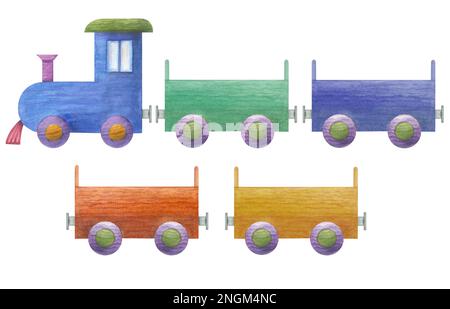 Aquarell-Darstellung eines Sets aus Kinderhölzern, isoliert auf weißem Hintergrund. Druck, Poster, Hintergrund, Dekor, Tapete, Umhüllung für die Säuglingsstation, Stockfoto