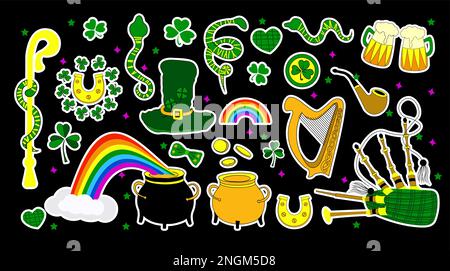 St. Patrick's Day Aufkleber. Elementgruppe für Patricks Tag isoliert. Leprechaun-Hut, Harfe und Kleeblätter. Sei glücklich. Hufeisen und Shamrock Stock Vektor