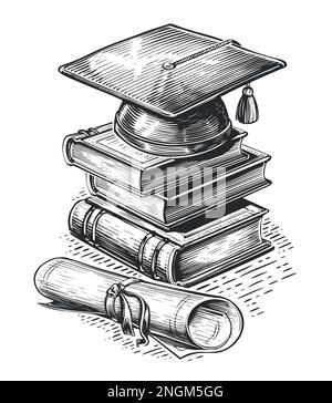 Abschlusskappe, Bücherstapel und Diplomrolle. College, Studienkonzept. Skizzieren Sie eine Vektordarstellung im Vintage-Stil Stock Vektor