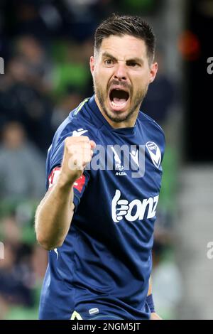 Melbourne, Victoria, Australien. 18. Februar 2023. BRUNO FORNAROLI von Melbourne Victory feiert ein Tor gegen Melbourne City bei einem australischen A-League-Männerspiel im AAMI Park (Kreditbild: © Chris Putnam/ZUMA Press Wire) – NUR REDAKTIONELLE VERWENDUNG! Nicht für den kommerziellen GEBRAUCH! Kredit: ZUMA Press, Inc./Alamy Live News Stockfoto