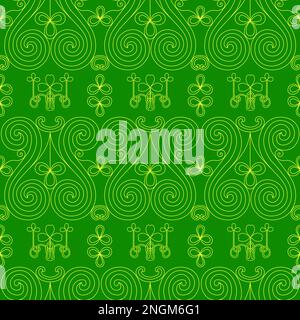 Cooles, trendiges Muster mit Klee. Helles Shamrock-Laub auf grünem Hintergrund. Handgezeichnetes nahtloses Muster. Süßer saint patrick-Modedruck. Stock Vektor