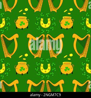 Cooles, trendiges Muster mit Klee. Irische Harfe. Handgezeichnetes nahtloses Muster. Süßer saint patrick-Modedruck. Stock Vektor