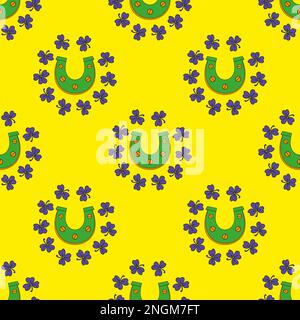 Cooles, trendiges Muster mit Klee. Helles Shamrock-Laub auf gelbem Hintergrund. Handgezeichnetes nahtloses Muster. Süßer saint patrick-Modedruck. Stock Vektor