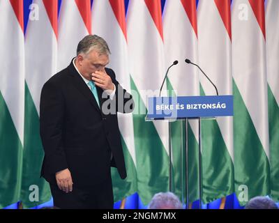 Budapest, Ungarn, 18. Februar 2023 hält Viktor Orban (Ministerpräsident Ungarns) seine Jahresbewertungsrede, nachdem die ungarische Inspiration auf 25,4 % angestiegen war, Balint SZENTGALLAY / Alamy Live News Stockfoto