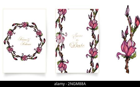 Kartenset und Einladungen mit pinkfarbenen Magnolienblumen. magnolie Stock Vektor
