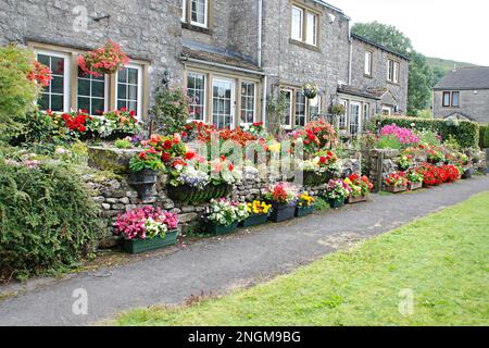 Eine erstaunliche Blumenausstellung in Langcliffe Garth, Kettlewel, Yorkshire Dales scheint gut mit dem jährlichen Vogelscheuchen-Festival zusammenzutreten. Stockfoto