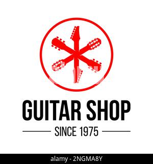 Logo-Vektorvorlage für Gitarrenshop mit unterschiedlich geformten Gitarrenköpfen. Stock Vektor