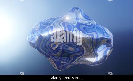 Dynamische, flüssig blaue Metallform, abstrakte glänzende Oberfläche, 3D-förmiges Objekt auf unscharfem Hintergrund. Stockfoto