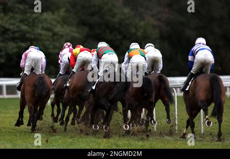 Läufer und Reiter im Alter sind auf der Rennbahn Ascot in Berkshire an der Bracknell Handicap Hürde (Qualifier) interessiert. Foto: Samstag, 18. Februar 2023. Stockfoto