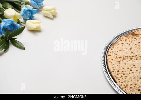 Leckere Matzen und frische Tulpen auf hellgrauem Hintergrund, Platz für Text. Pessach-Feier Stockfoto