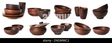 Set mit stilvollen Tonschalen auf weißem Hintergrund. Bannerdesign Stockfoto