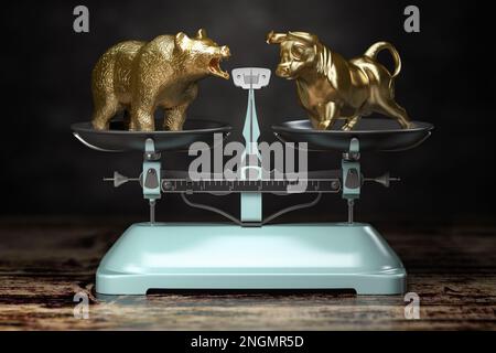 Stier und Bär auf einer Waage. Erbärmliche oder bösartige Markttrends an der Börse. 3D Abbildung Stockfoto