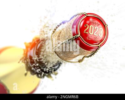 Frohes neues 2023. Jahr. Champagnerflasche und Champagnerkorken mit 2023-ml-Paprika. 3D Abbildung Stockfoto