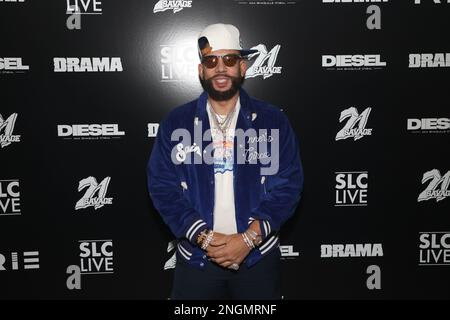 Salt Lake City, USA. 17. Februar 2023. DJ Drama nimmt am 2023. NBA-ALL-STAR-WOCHENENDE live auf der SLC am 17. Februar 2023 in Salt Lake City, Utah, Teil. Foto: jpa/imageSPACE/Sipa USA Kredit: SIPA USA/Alamy Live News Stockfoto