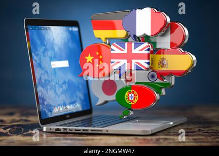 Globale Kommunikation, Wörterbuch, Übersetzung und Erlernen von Sprachen – Konzept der Online-App. Laptop und Sprechblasen mit Flaggen. 3D Abbildung Stockfoto