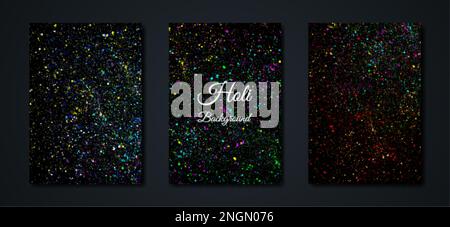 Happy Holi Indian Festival Banner, farbenfrohes gulaal, Pulverfarbe, Party Set Luxus Black Card Explosion gemusterte Kristalle mehrfarbige Hintergründe Stock Vektor