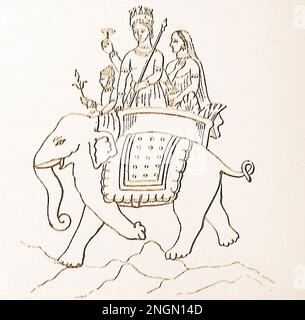 Ein Wörterbuch aus dem späten 19. Jahrhundert zur vedischen hinduistischen Gottheit INDRA ( इन्द्र), die auf einem Elefanten reitet. Er gilt als der König der Devas und König von Svarga (Himmel), auch Gott des Blitzes, des Donners, der Stürme und des Regens. - 19 वीं शताब्दी के उत्तरार्ध में वैदिक हिंदू देवता, इंद्र, (इन्द्र) का एक शब्दकोश चित्रण एक हाथी की सवारी करता है। उन्हें देवों के राजा और स्वर्ग (स्वर्ग) के राजा के रूप में माना जाता है, साथ ही बिजली, गरज, तूफान और बारिश के देवता भी Stockfoto