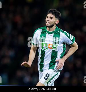 GRONINGEN - Ricardo Pepi vom FC Groningen feiert am 18. Februar 2023 im Euroborg-Stadion in Groningen, Niederlande, die 1-0 beim niederländischen Premier-League-Spiel zwischen dem FC Groningen und dem FC Emmen. ANP COR LASKER Stockfoto