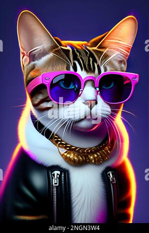 Niedliche Katze in Rockstar-Kleidung mit Lederjacke, violetter Sonnenbrille und goldener Halskette Stockfoto