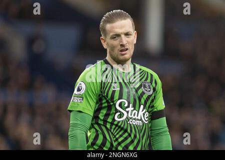 Liverpool, Großbritannien. 18. Februar 2023. Jordan Pickford #1 of Everton reagiert während des Premier League-Spiels Everton gegen Leeds United im Goodison Park, Liverpool, Großbritannien, am 18. Februar 2023 (Foto von Phil Bryan/News Images) in Liverpool, Großbritannien, am 2./18. Februar 2023. (Foto: Phil Bryan/News Images/Sipa USA) Guthaben: SIPA USA/Alamy Live News Stockfoto