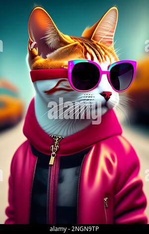 Süße Katze in pinkfarbener Lederjacke und pinker Sonnenbrille Stockfoto