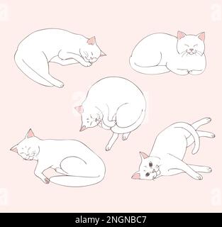 Süße weiße Katze liegt in verschiedenen Positionen. Set von Katzenpositionen. Katzenposieren. Katzen. Skizzieren. Vektorgrafik. Stock Vektor