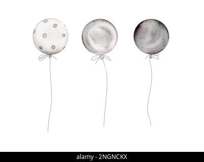 Aquarelle gelbe Luftballons auf weißem Hintergrund. Geburtstagsballons für eine Party-Einladung. Runde aufblasbare Bälle in natürlichen Farbtönen – weiß, beige Stockfoto