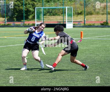 Luftduellen zwischen Oppositionsspielern während eines Flaggenfußballspiels in Wales. Stockfoto