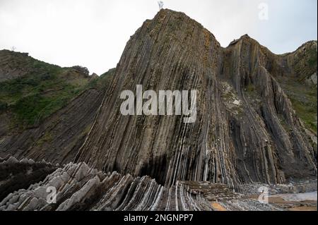 Blick auf steil geneigte Schichten von Flysch-geologischer Formation an der Atlantikküste bei Zumaia bei Ebbe, Baskenland, Spanien Stockfoto