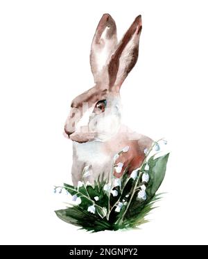 Aquarelle Darstellung eines Hasen mit Frühlingswaldlilien des Tals auf weißem Hintergrund. Osterferien. Stockfoto