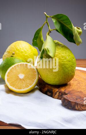 Auswahl an Zitrusfrüchten, reifer Bergamotte und Zitronencitron Cedrate oder Citrus Medica, große, duftende Zitrusfrüchte mit dicker Rinde Stockfoto