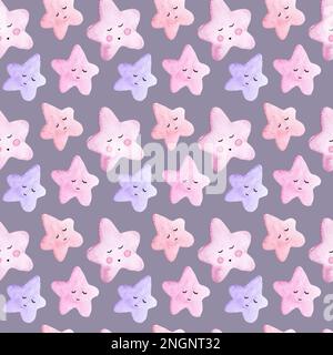 Niedliches, nahtloses Muster in Aquarellfarben für das Kinderzimmer. Pinke Cartoon-Sterne. Muster für Tapete, Stoff und Geschenkpapier Stockfoto