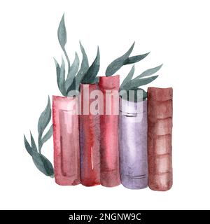 Vintage-Bücher im Regal und grüne Pflanzen. Handgezeichnete Aquarell-Illustration. Retro-Style im Vintage-Stil. Ökologie, Geschichte, Literatur Stockfoto