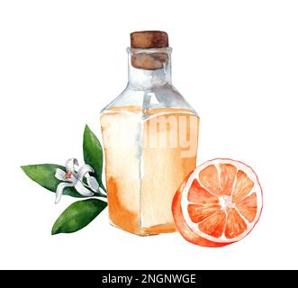 Durchstechflasche aus Glas mit orangefarbenem aromatischem Öl. Nerolen. Satz von Aquarellabbildungen, isoliert auf weißem Hintergrund Stockfoto