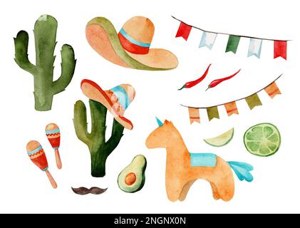 Aquarellfarben-Illustrationen von Cinco de Mayo, mexikanische Küche, traditionelle Festessen und Festivalsymbole reisen Illustrationselemente. Som Stockfoto