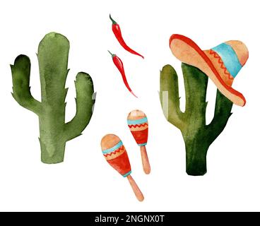 Aquarellfarben-Illustrationen von Cinco de Mayo, mexikanische Küche, traditionelle Festessen und Festivalsymbole reisen Illustrationselemente. Som Stockfoto