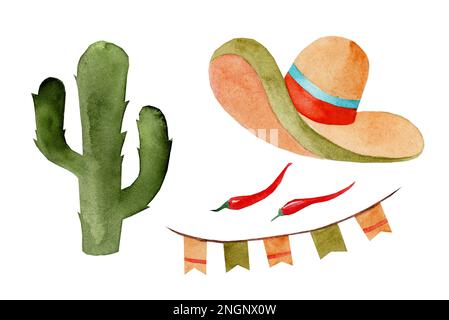 Aquarellfarben-Illustrationen von Cinco de Mayo, mexikanische Küche, traditionelle Festessen und Festivalsymbole reisen Illustrationselemente. Som Stockfoto