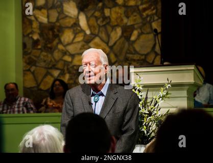 Ehemaliger Präsident Jimmy Carter, der am 31. Juli 2016 eine Sonntagsschule an einem Gottesdienst der Maranatha Baptist Church in Plains, Georgia, unterrichtete. Stockfoto