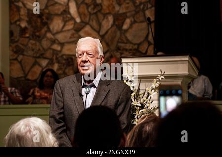 Ehemaliger Präsident Jimmy Carter, der am 31. Juli 2016 eine Sonntagsschule an einem Gottesdienst der Maranatha Baptist Church in Plains, Georgia, unterrichtete. Stockfoto